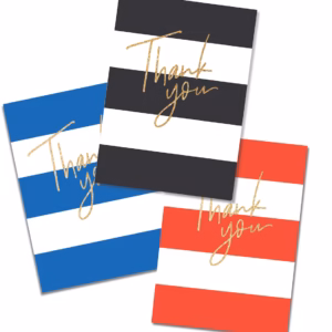 Stripes featured in your color choice with "Thank You" printed in gold. Cards are sold in packages of 20 with matching envelopes.